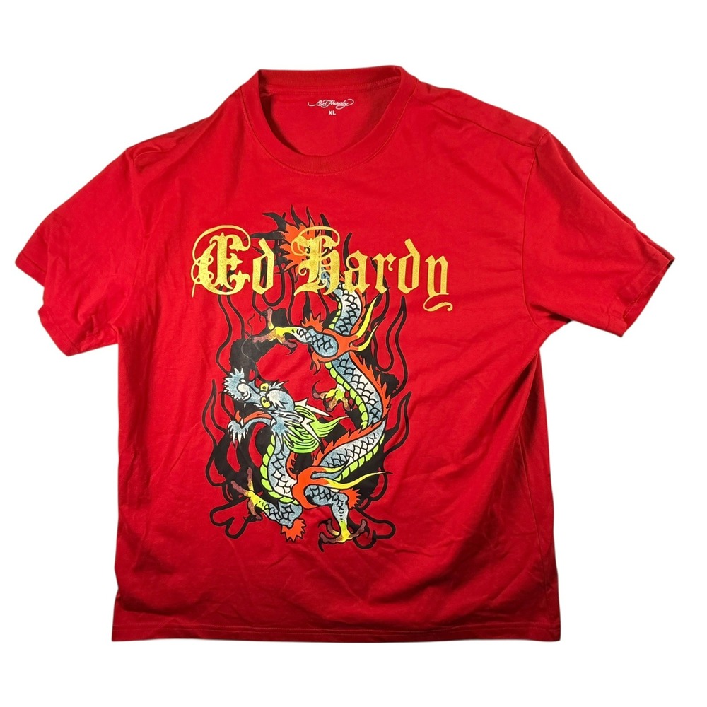 Ed Hardy Dragon Graphic T-Shirt Mens XL Red Excellent Tattoo Streetwear EHM1101